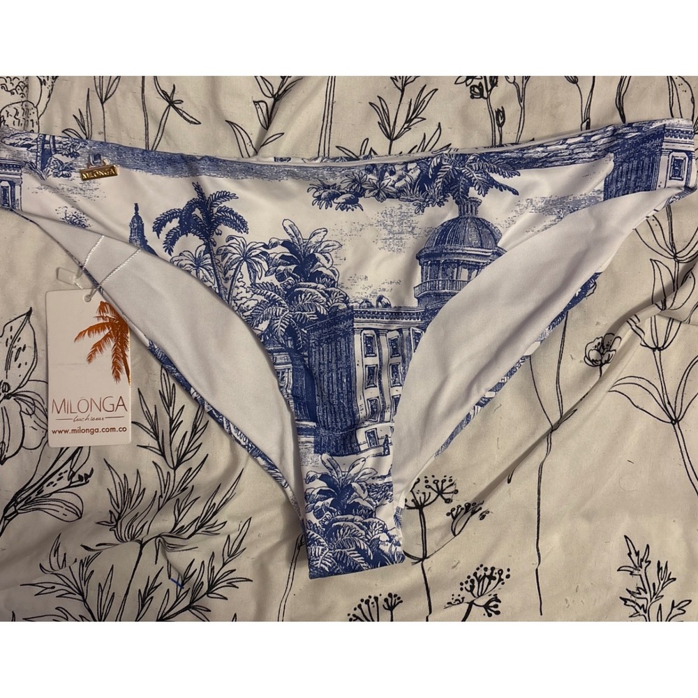 NEW Milonga Beachwear Blue & White Victorian‎ Print Bikini Swim Bottoms, Large